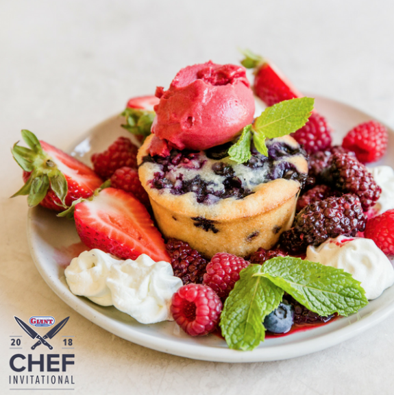 Blueberry Lavender Financier, Raspberry Sorbet and Blackberry Compote